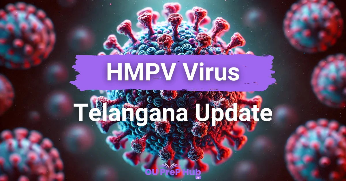 HMPV virus particle illustration with spikes in red, purple, and blue shades on a dark background