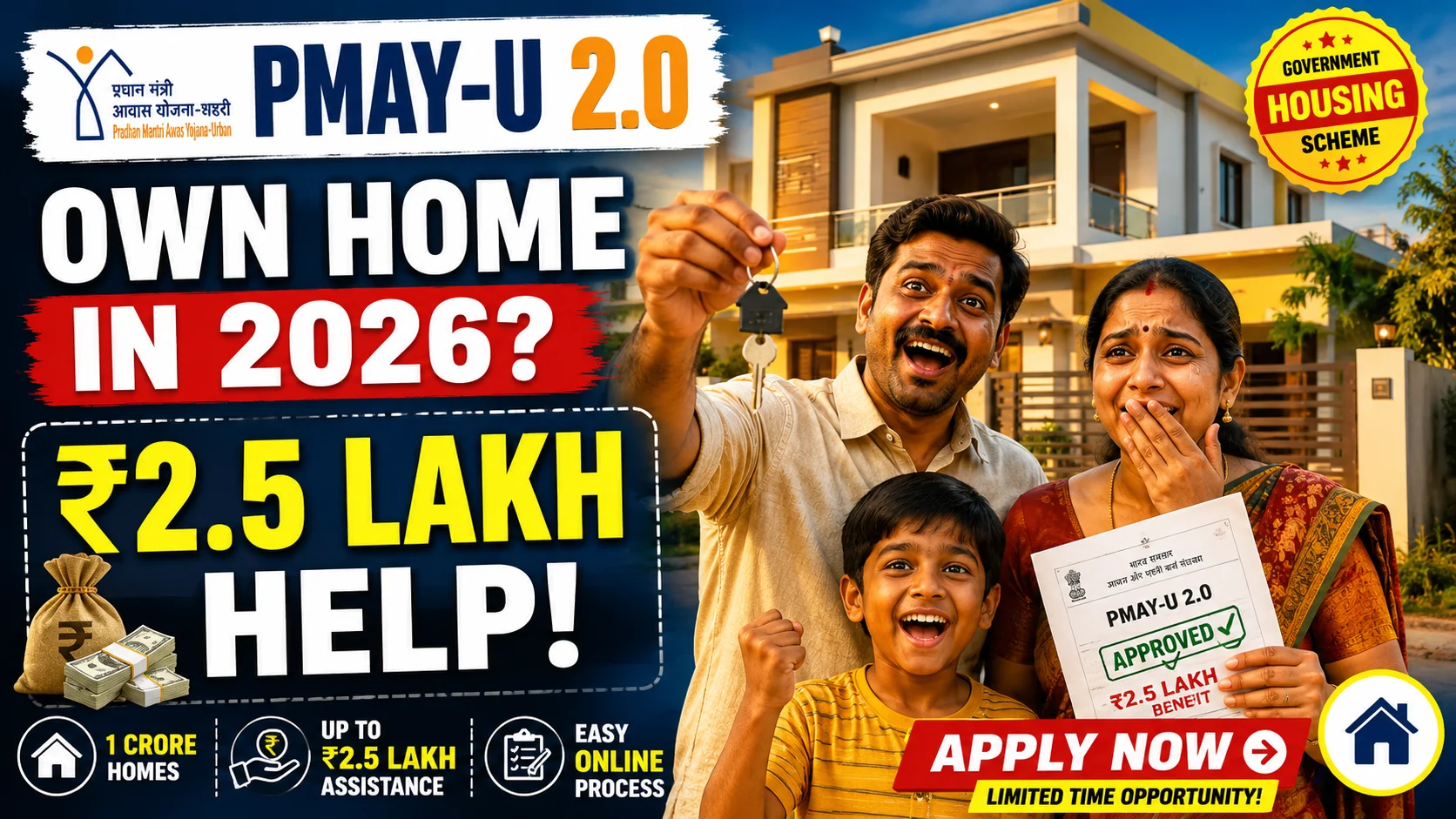 PMAY-U 2.0 housing scheme thumbnail showing an Indian family happily holding house keys and approval paper in front of a modern home with ₹2.5 lakh housing benefit text.