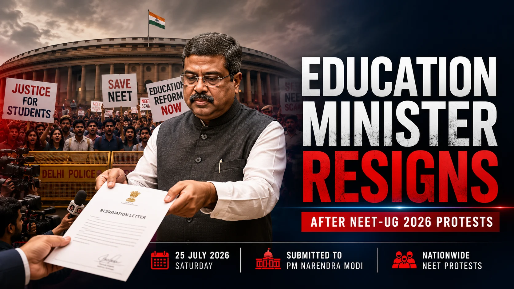 NEET UG 2026 paper leak resignation, Union Education Minister resigns 2026, NEET protest Jantar Mantar, Cockroach Janta Party protest, Sonam Wangchuk hunger strike NEET, who will be new Education Minister, NEET paper leak news today, Dharmendra Pradhan resignation letter Category: National News / Education Tags: Dharmendra Pradhan, NEET UG 2026,