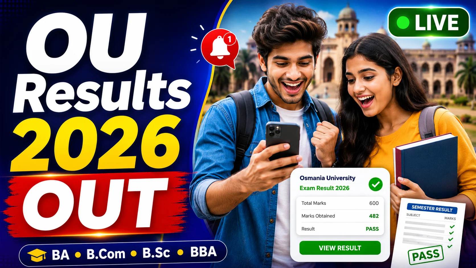 Osmania University UG Results 2026 (LIVE) BA, B.Com, B.Sc, B.Sc (Hons) & BBA IVVI Semester Results Out — Check at osmania.ac.in
