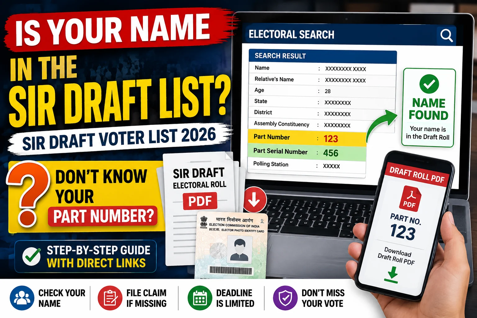 Check your name in the SIR Draft Voter List 2026 in 3 easy steps. Find your Part Number, download the official ECI PDF, and verify your entry instantly.